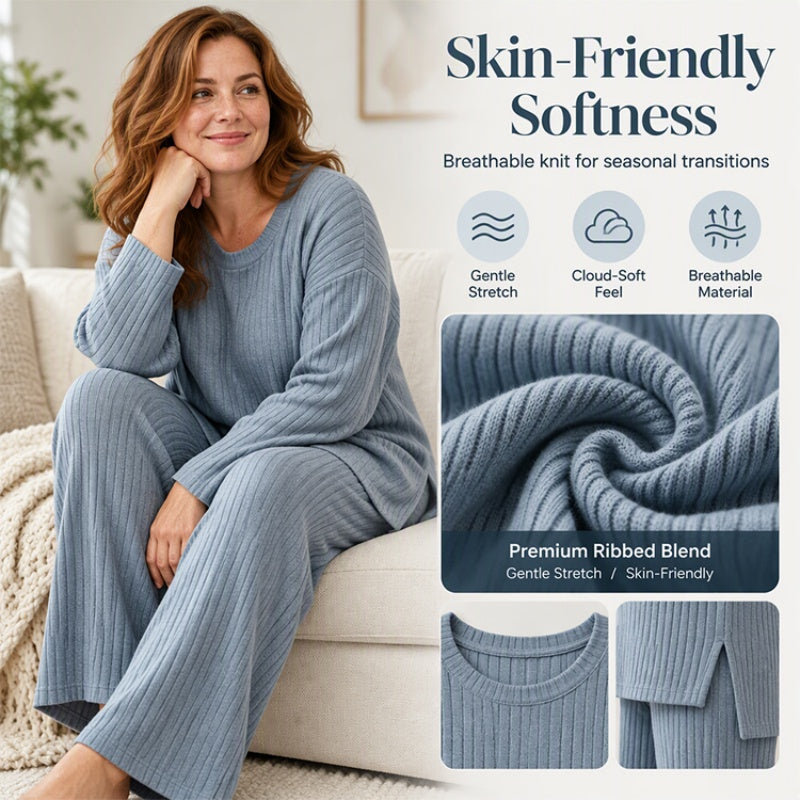 🧶 Women's Ribbed Knit Side-Slit Top & Pants Set ✨ stretch ribbed fabric, elegant side slit, comfy matching set
