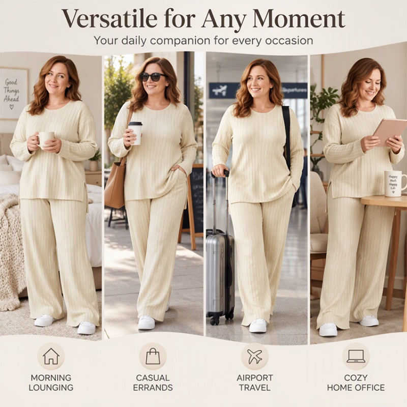 🧶 Women's Ribbed Knit Side-Slit Top & Pants Set ✨ stretch ribbed fabric, elegant side slit, comfy matching set