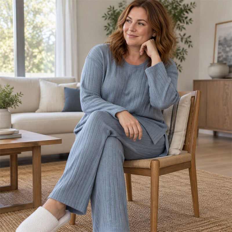 🧶 Women's Ribbed Knit Side-Slit Top & Pants Set ✨ stretch ribbed fabric, elegant side slit, comfy matching set