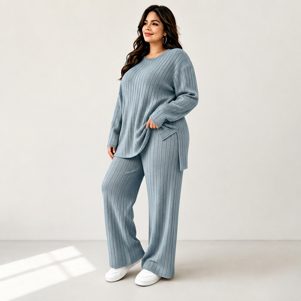 🧶 Women's Ribbed Knit Side-Slit Top & Pants Set ✨ stretch ribbed fabric, elegant side slit, comfy matching set