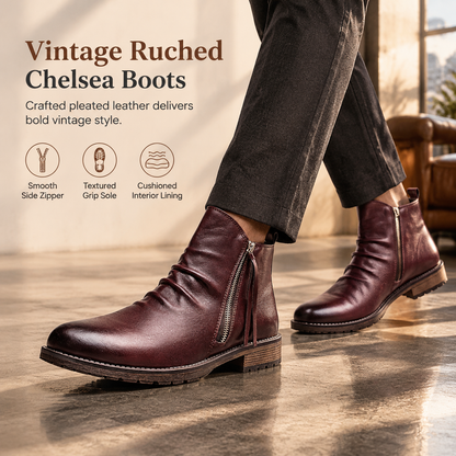 Men's Vintage Pleated Chelsea Boots Casual Round Toe Zipper Western Cowboy Boots