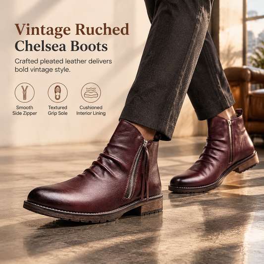Men's Vintage Pleated Chelsea Boots Casual Round Toe Zipper Western Cowboy Boots