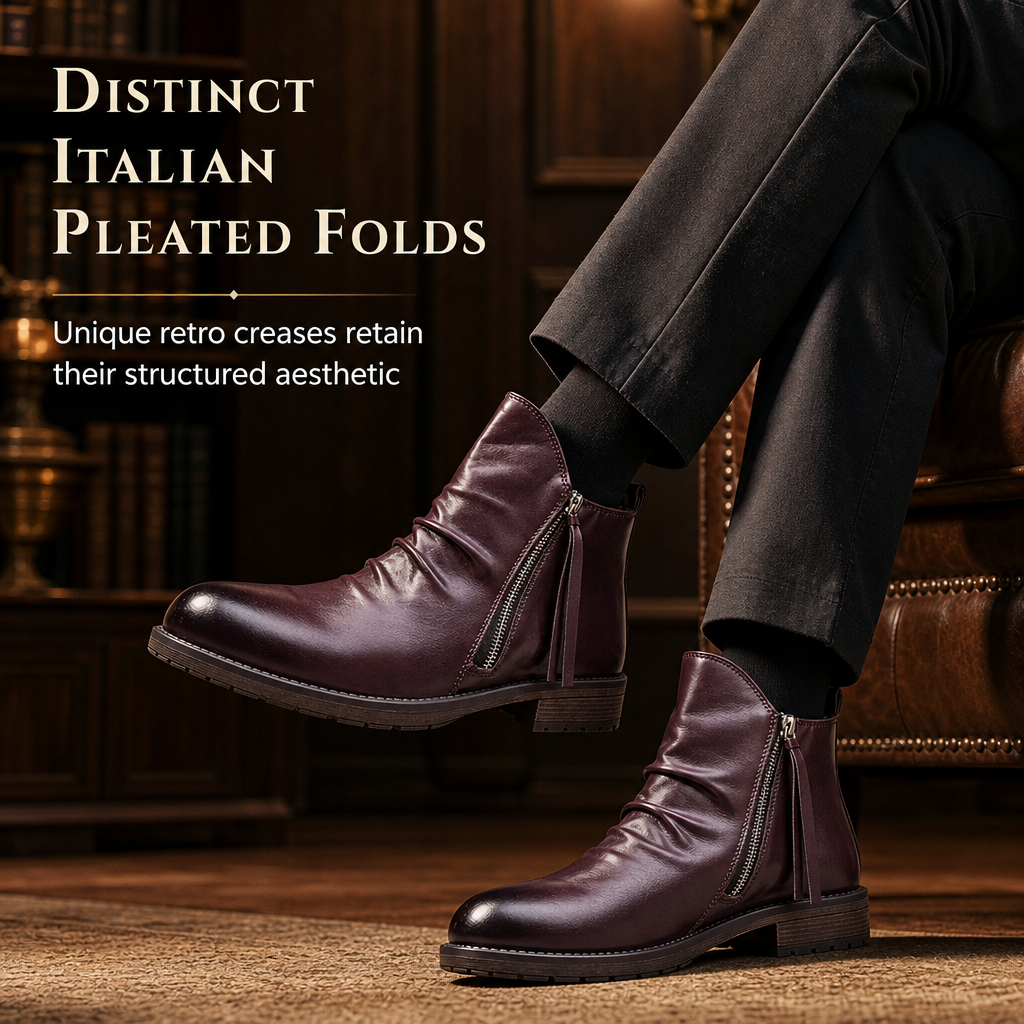 Men's Vintage Pleated Chelsea Boots Casual Round Toe Zipper Western Cowboy Boots