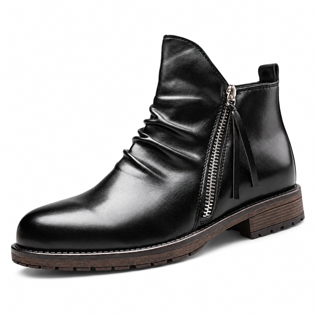 Men's Vintage Pleated Chelsea Boots Casual Round Toe Zipper Western Cowboy Boots