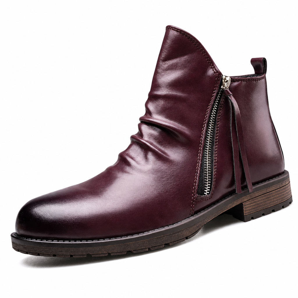 Men's Vintage Pleated Chelsea Boots Casual Round Toe Zipper Western Cowboy Boots