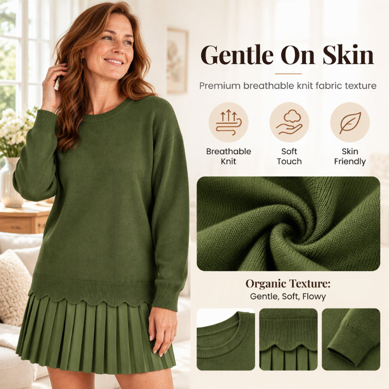 👗 Women's Scallop Hem Sweater and Pleated Skirt Set