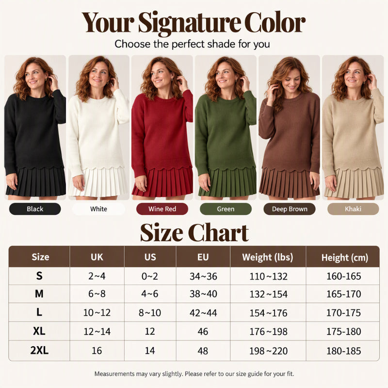 👗 Women's Scallop Hem Sweater and Pleated Skirt Set