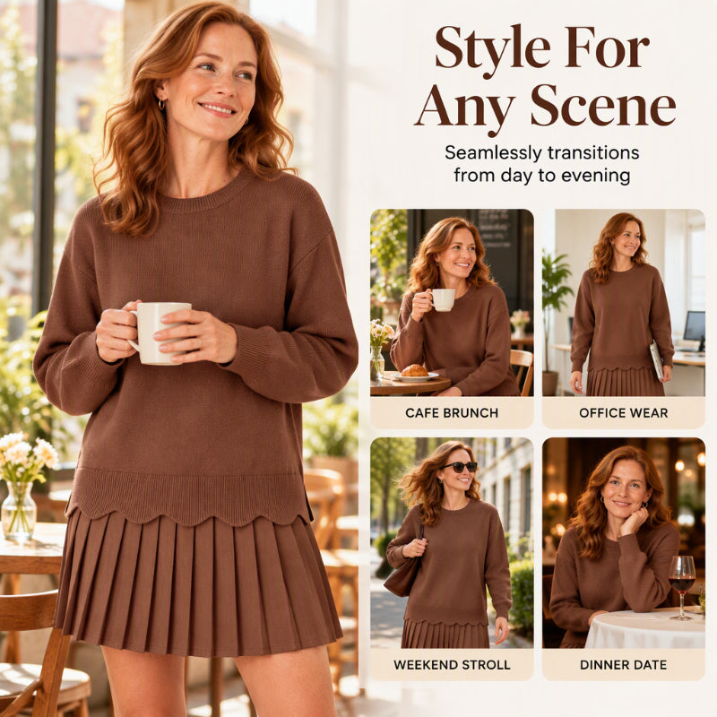 👗 Women's Scallop Hem Sweater and Pleated Skirt Set