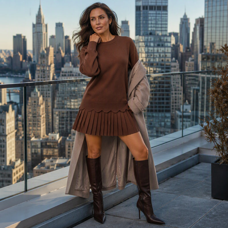 👗 Women's Scallop Hem Sweater and Pleated Skirt Set