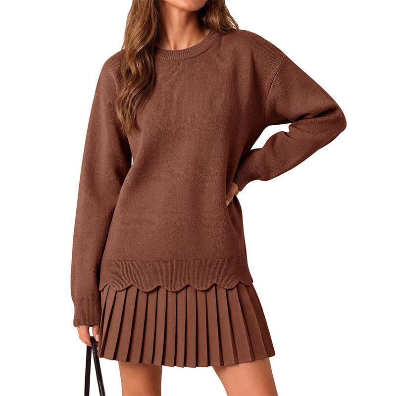 👗 Women's Scallop Hem Sweater and Pleated Skirt Set