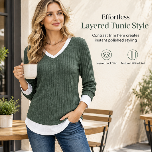 Faux Two Piece Layered Knit Casual Pullover Top